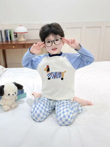 子供用パジャマ 上下セット 男の子 春秋 長袖 綿100% カートゥーン 小犬柄 90 100 110 120 130 140cm 保温 吸湿性 通気性 部屋着 かわいい 韓国風