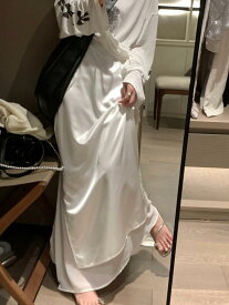 スカート レディース ロング サテン チュール 切り替え ダブルレイヤー 假二件 フェイクシルク スリット 高腰 ハイウエスト Aライン ロングスカート マキシ丈 ボトムス カジュアル エレガント きれいめ 無地 上品