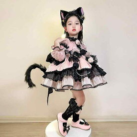 ワンピース 子供服 女の子 猫 ロリータ 春秋 ハロウィン コスプレ Aライン チュールスカート 黒 ピンク系