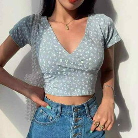 Tシャツ レディース 花柄 Vネック 半袖 クロップド丈 スリムフィット 着痩せ 韓国風 夏