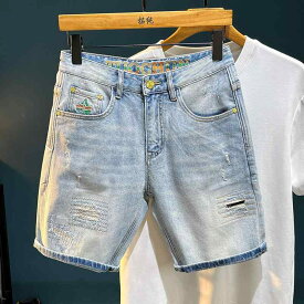 ハーフパンツ メンズ デニム ショートパンツ 青年 パンツ 日本系 ストリート系 クラッシュ加工 ダメージ加工 5分丈 ワイド ストレート ジーパン