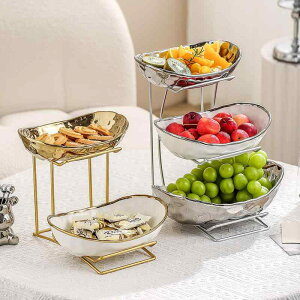 フルーツ皿 陶器製 三段 アフタヌーンティー 菓子皿 ホームパーティー ナッツ キャンディ デザート 石紋 金色 銀色