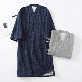 パジャマ メンズ 男性用 和風 綿 ガーゼ 寝間着 ルームウェア 浴衣 薄手 Vネック 春夏秋冬 紺色 グレー 大きいサイズ