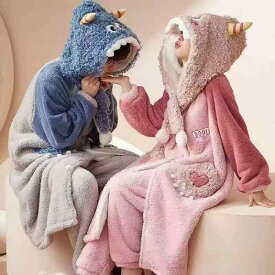 バスローブ レディース かわいい 小怪獣 ルームウェア 厚手 フランネル 珊瑚绒 長袖 連帽タイプ 秋冬 部屋着 快適 暖か