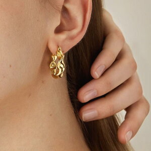 イヤリング レディース 18K 金メッキ 波模様 フープピアス 小ぶり 高級感 ゴールド シルバー 南米 幾何学模様