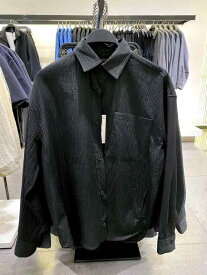 シャツ メンズ 男性用 長袖 テクスチャード リンクル 褶 складка обработка ゆったり ブラック 黒 ポリエステル 春秋 カジュアル