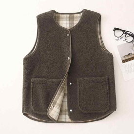 ベスト レディース 秋冬 羊羔 ウール あったか リバーシブル カジュアル ゆったり ラウンドネック ノースリーブ トップス 羽織り 防寒 ブラック 黒