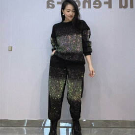 セットアップ レディース 大きいサイズ ラウンドネック 長袖 スウェット トレーナー ロングパンツ 上下セット ラインストーン付き ブラック ホワイト ピンク系 秋冬 ルームウェア 部屋着