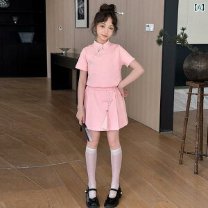 子供用スカート セットアップ 女の子 チャイナ風 半袖トップス ミニスカート 2点セット 夏物 中大児童 ピンク系 パープル ポリエステル 無地