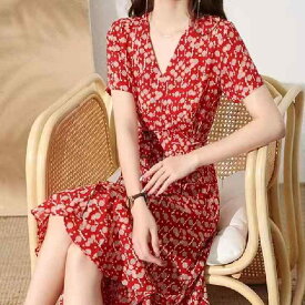 ワンピース レディース 赤色 不規則 碎花 ロング丈 大きめサイズ 上品 40代 ママ用 春夏