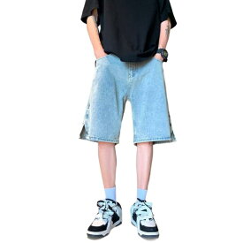 デニムパンツ メンズ 五分丈 ショートパンツ ボタン スリット ヘビーウェイト アメリカンストリート ビンテージ風 レトロ 大きいサイズ 普段使い アウトドア