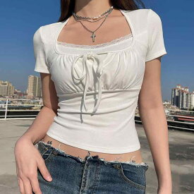 Tシャツ レディース カットソー 半袖 フェミニン レース フリル レイヤード風 異素材切り替え スリム タイト 無地 伸縮性 ストレッチ サマーニット トップス 通勤用 普段使い オフィス カジュアル シンプル