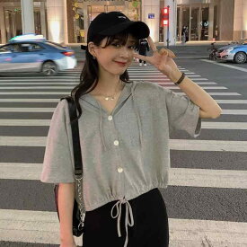 Tシャツ レディース 半袖 フード付き ショート丈 クロップド丈 トップス カジュアル 韓国風 へそ出し ゆったり