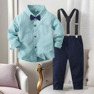 キッズ フォーマル スーツ 春秋物 男の子 長袖シャツ サロペット ズボン 2点セット 子供服 英国風 チェック柄 無地 赤 緑 白 70 80 90 100 110 120 130cm