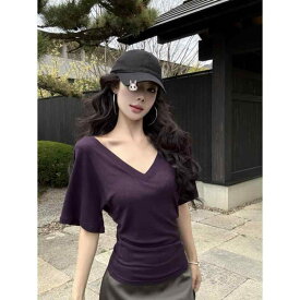 Tシャツ レディース 紫 春夏 Vネック ドルマンスリーブ ワイドネック ジャストショルダー トップス 無地 シンプル カジュアル デイリー お出かけ 通学 伸縮性 柔らかい 着心地 ややゆったりシルエット きれいめ 大人かわいい