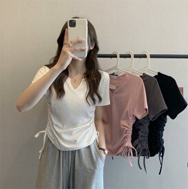 Tシャツ レディース 半袖 Vネック ドローストリング スリムフィット 無地 トップス シンプル デザイン性 カジュアル デイリー 夏服