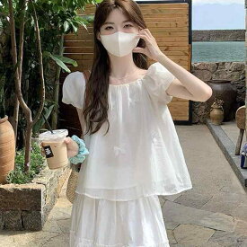 ブラウス レディース パフスリーブ シフォン トップス 半袖 フレンチガーリー 娃娃衫 ショート丈 ウエストマーク 着痩せ 体型カバー 白