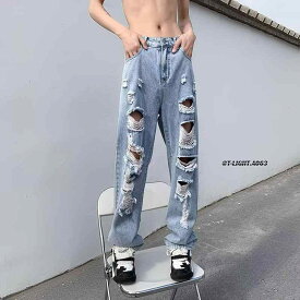 デニムパンツ メンズ ダメージ加工 ストレート ロング丈 クリーンフィット ハイストリート 裾スリット ファスナー ジーンズ 泥染め風 おしゃれ カジュアル