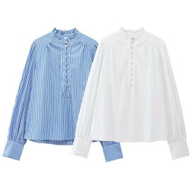 シャツ レディース スタンドカラー プルオーバー ストライプ 長袖 ギャザー襟 落ち感 トップス 春服 カジュアル 通勤用 オフィス きれいめ ブラウス