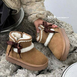 スノーブーツ キッズ 女の子 大棉靴 ショートブーツ ベルベット 蝶結び プリンセススタイル 防寒 栗色 羚羊棕