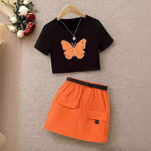 子供用セットアップ ガールズ 上下セット プリントトップス ワークスカート ウエストベルト付き オレンジ色 ポリエステル100%