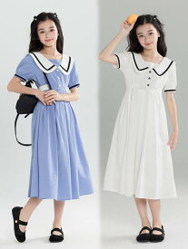 ワンピース 女の子 キッズ セーラーカラー 襟 バイカラー プリーツ ウエスト絞り 膝丈 おしゃれ お嬢様風 学院風 お姫様 ガーリー カジュアル 通学 お出かけ