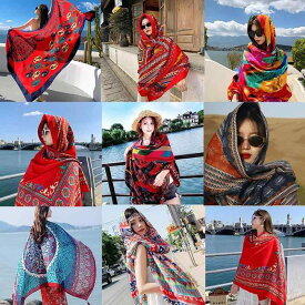 ストール ショール 大判 斜紋コットン タッセル付き 保温 遮陽 エスニック風 中国風 腰果柄 赤色 花柄 春夏 旅行 写真