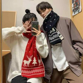 マフラー レディース ニット 秋冬 クリスマス 鹿柄 トナカイ ツリー 両面 起毛 防寒 かわいい カジュアル 赤 黒 緑