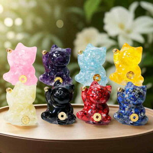 置物 招き猫 かわいい 水晶 レジン クラフト ホーム デスク 文房具 雑貨 虎眼石 紫水晶 黄水晶 ローズクォーツ