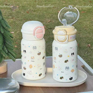 水筒 キッズ 子供用 ステンレス製 ストロー付き 保温 保冷 401-500ml かわいい アニマル柄 真空断熱 携帯便利 通学 遠足 スポーツ アウトドア