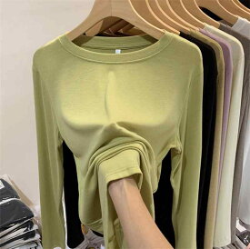 Tシャツ レディース 春秋冬 インナー トップス 長袖 リブ 無地 ニット プルオーバー ラウンドネック エレガント 通勤 オフィス ポリエステル