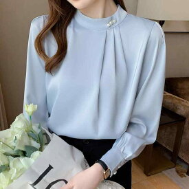 ブラウス レディース 長袖 サテン ビーズ付き インナー デザイン感 おしゃれ シフォン プリーツ 通勤 面接 春秋春