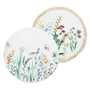ランチョンマット 家庭用 円形 コットン 花柄 断熱マット 綿縄 コーン皮 モダン 36cm 加大 厚手 滑り止め