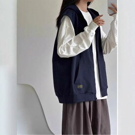 ベスト レディース フード付き パーカーベスト ノースリーブ トップス 重ね着風 ゆったり 無地 シンプル カジュアル 秋物 秋冬 アウター