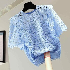 ブラウス レディース 春夏 韓国風 ハイウエスト ショート丈 半袖 プルオーバー かぎ針編み 透かし編み 丸首 レース 透け感 フェミニン ガーリー 大人かわいい 上品 きれいめ カジュアル 普段使い 通勤 通学 デート