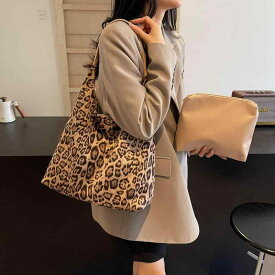 トートバッグ レディース ヒョウ柄 大容量 肩掛け 鞄 カバン カジュアル ストリート 皮绒製 ポリエステル裏地 ファスナー開閉 内ポケット付き 秋冬
