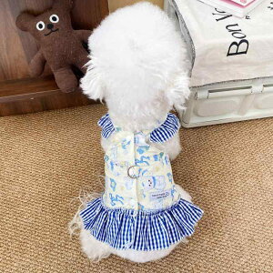 ペット服 犬 猫 春夏 かわいい 韓国風 イラスト ハーネス リード 装着 散歩 ワンピース ポリエステル ブルー