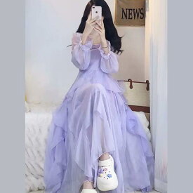 ワンピース レディース 体型カバー 着痩せ フリル スクエアネック 長袖 Aライン ミディアム丈 ポリエステル 切り替え チャック 紫 カジュアル 旅行 お出かけ デート 春 夏 20代 大人 かわいい