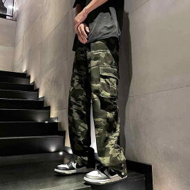 カーゴパンツ メンズ ストリート系 迷彩柄 ワイドパンツ ストレート ゆるめ スリット カジュアルパンツ アメリカン ヴィンテージ風 オールシーズン アウトドア ワークパンツ