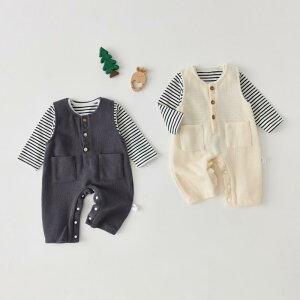 ベビー服 長袖ロンパース 上下2点セット 春秋 60 70 80 90 100cm 綿 無地 薄手 赤ちゃん 幼児 男女兼用 グレー ベージュ