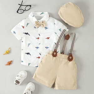 キッズ フォーマル スーツ セットアップ 半袖シャツ サロペット ショートパンツ 3点セット 夏物 男の子 幼児 1歳 2歳 3歳 4歳 5歳 6歳 7歳 8歳 カートゥーン柄 ポリエステル100% 着脱可能帽子付き