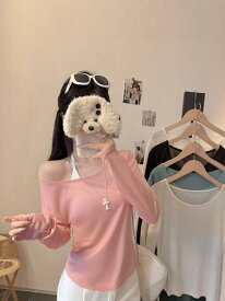 Tシャツ レディース 長袖 ワンショルダー ピンク アシンメトリー タイト 細見え デザイン トップス