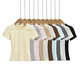 Tシャツ レディース クルーネック 細見え 半袖 ベーシック 無地 フィット 重ね着 インナー トップス カジュアル オールシーズン シンプル