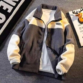 ジャケット メンズ 男性用 シープボア ブルゾン ゆったり 配色 スタンドカラー 秋冬 防寒 厚手 ポリエステル グレー M L XL XXL XXXL