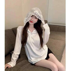 トップス レディース 長袖 Tシャツ レース 切り替え フード付き ホワイト 薄手 重ね着風 ゆったり 体型カバー カジュアル