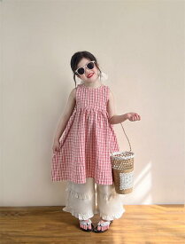 ワンピース 女の子 キッズ ノースリーブ チェック柄 ピンク リボン ウエスト結び 薄手 レイヤード 重ね着 夏用 休日 デート かわいい お出かけ ガールズ 涼しい ガーリー フェミニン