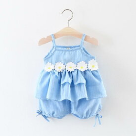 子供服 セットアップ 女の子 ノースリーブ トップス 花飾り ベスト 夏物 ベビー服 キッズウェア カジュアル かわいい ナチュラル おしゃれ お出かけ服