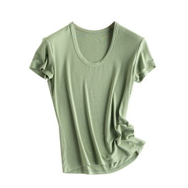 Tシャツ レディース 半袖 ニット シルク混 リブ素材 Vネック クルーネック Uネック 形態安定 無地 トップス カジュアル きれいめ 大人かわいい 通勤 通学 シンプル 着回し オールシーズン トレンド 多色展開
