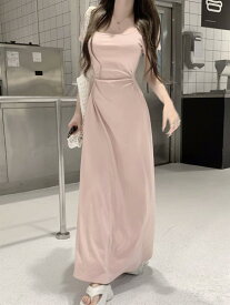 ワンピース レディース 体型カバー 着痩せ 接触冷感 高腰 A字 膝丈 半袖 スクエアネック ギャザー リボン バックオープン 無地 カジュアル 旅行 お出かけ デート 春 夏 グリーン ピンク ブラック