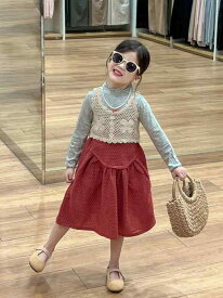 子供服 女の子 秋 上下セット トップス ベスト 重ね着風 木耳縁 インナー スカート 綿混 水玉柄 カジュアル かわいい